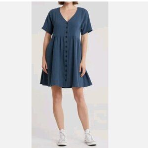 Madewell Lightspun Button Front Mini Dress Navy Blue Travel Summer Vacation XL